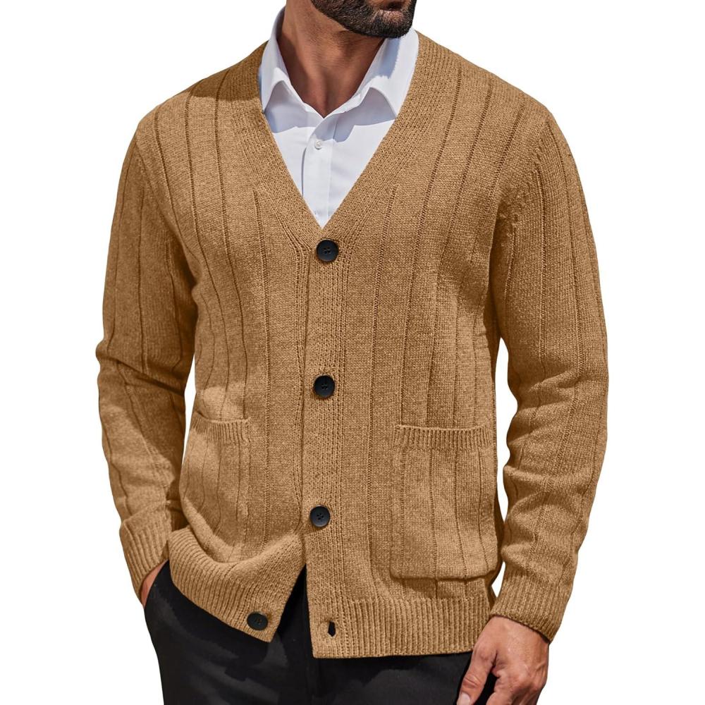 imageCOOFANDY Mens Cardigan Sweater Cable Knit V Neck Button up Sweaters Ribbed Cardigan Sweater with PocketsCaramel