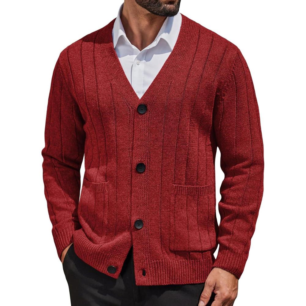 imageCOOFANDY Mens Cardigan Sweater Cable Knit V Neck Button up Sweaters Ribbed Cardigan Sweater with PocketsRed