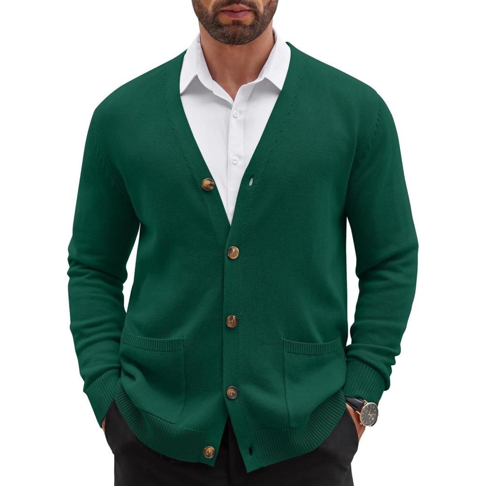 imageCOOFANDY Mens Cardigan Sweater Long Sleeve Casual V Neck Button Down Knitted Sweater with PocketsDark Green