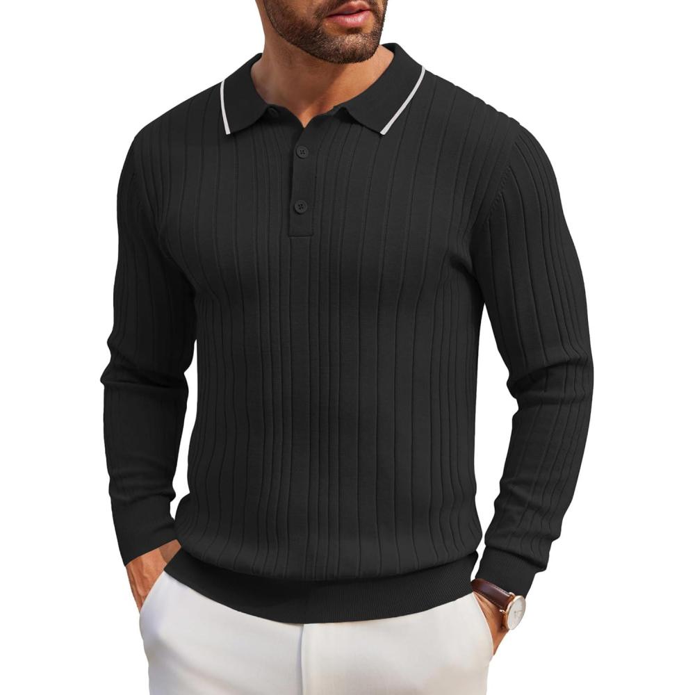 imageCOOFANDY Mens Knit Polo Shirts Long Sleeve Casual Button Down Ribbed Polo Shirt Fashion Golf ShirtsBlack  White Edge