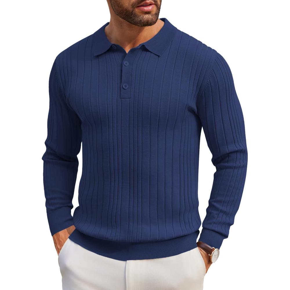 imageCOOFANDY Mens Knit Polo Shirts Long Sleeve Casual Button Down Ribbed Polo Shirt Fashion Golf ShirtsDeep Blue
