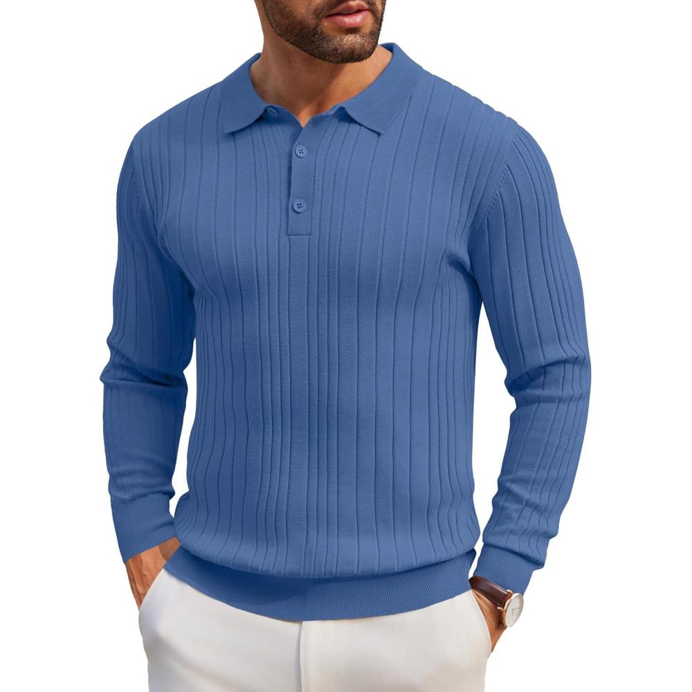 imageCOOFANDY Mens Knit Polo Shirts Long Sleeve Casual Button Down Ribbed Polo Shirt Fashion Golf ShirtsDenim Blue