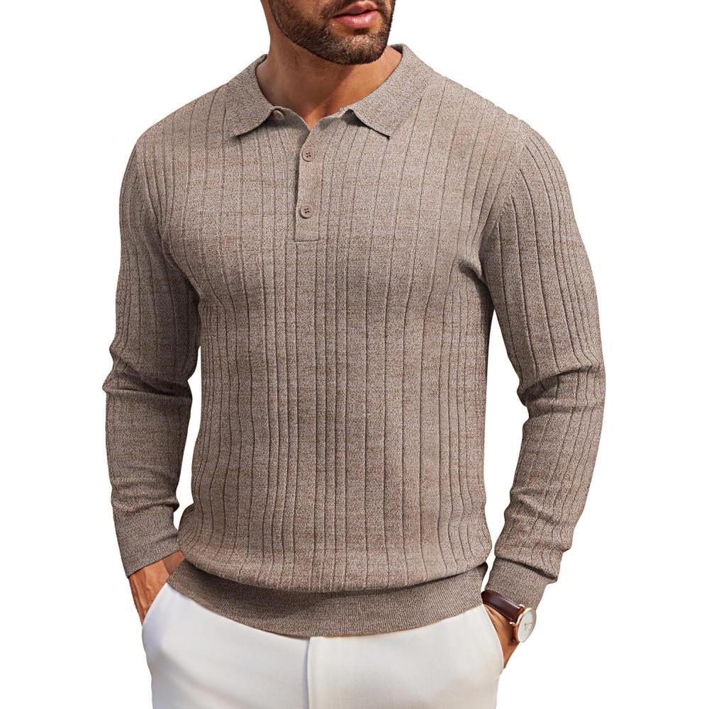 imageCOOFANDY Mens Knit Polo Shirts Long Sleeve Casual Button Down Ribbed Polo Shirt Fashion Golf ShirtsFantasy Brown