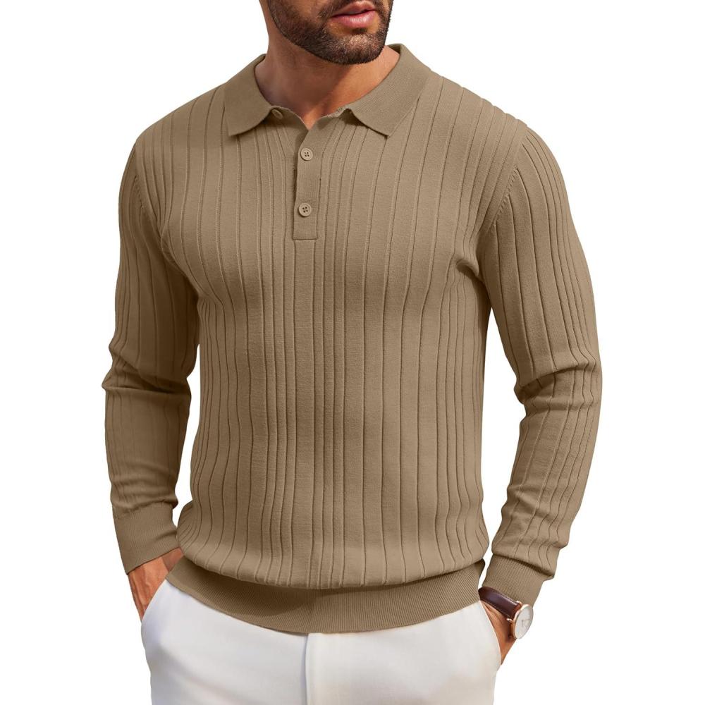 imageCOOFANDY Mens Knit Polo Shirts Long Sleeve Casual Button Down Ribbed Polo Shirt Fashion Golf ShirtsLight Brown