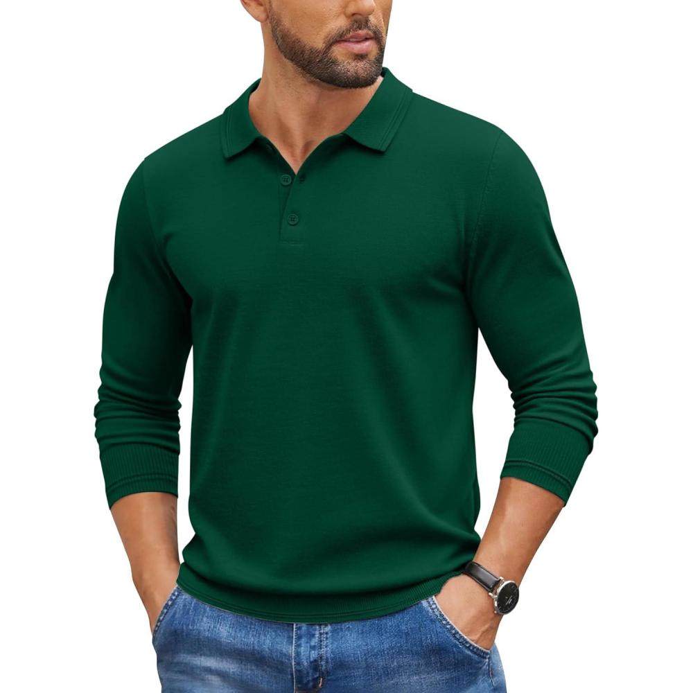 imageCOOFANDY Mens Knit Polo Sweater Long Sleeve Casual Golf Polo Lightweight Dress Button Collar Pullover SweatersDark Green