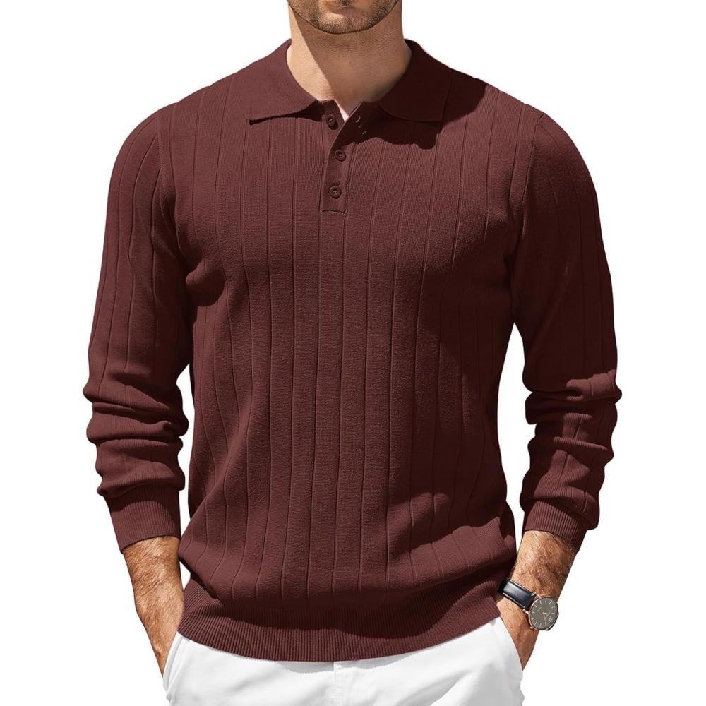 imageCOOFANDY Mens Knit Polo Sweater Long Sleeve Polos Lightweight Casual Dress Pullover SweatersCoffee