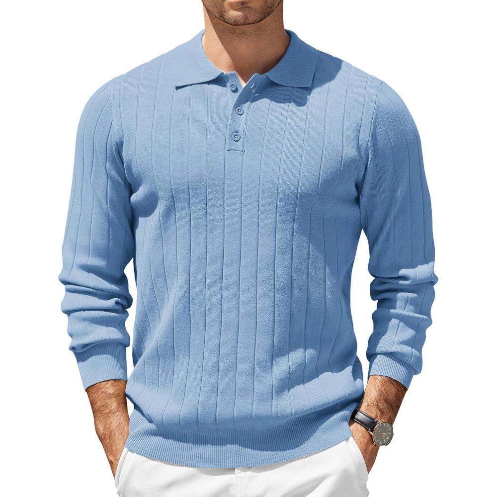 imageCOOFANDY Mens Knit Polo Sweater Long Sleeve Polos Lightweight Casual Dress Pullover SweatersLight Blue
