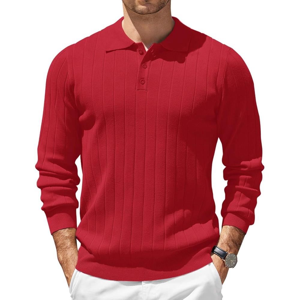 imageCOOFANDY Mens Knit Polo Sweater Long Sleeve Polos Lightweight Casual Dress Pullover SweatersRed