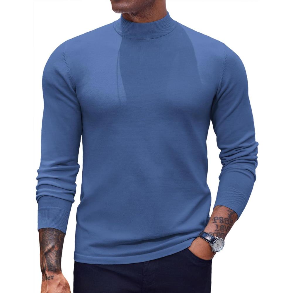 imageCOOFANDY Mens Mock Turtleneck Sweaters Long Sleeve Casual Knit Shirts Half Neck Thermal Lightweight Pullover SweaterDenim Blue