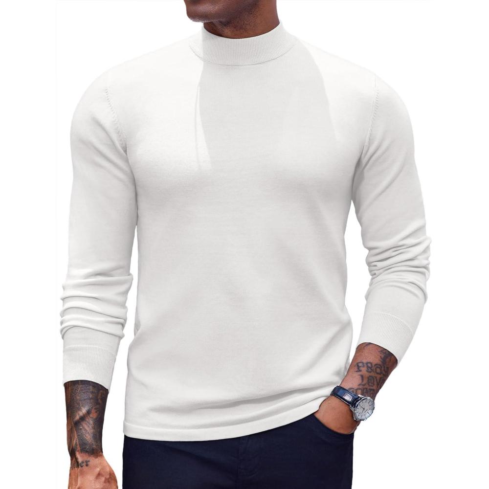 imageCOOFANDY Mens Mock Turtleneck Sweaters Long Sleeve Casual Knit Shirts Half Neck Thermal Lightweight Pullover SweaterWhite