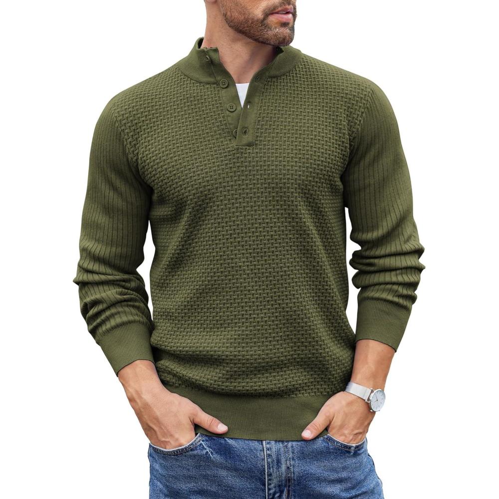 imageCOOFANDY Mens Quarter Button Sweater Lightweight Mock Neck Pullover Sweater Fashion Casual Knitted Waffle Henley SweaterArmy Green