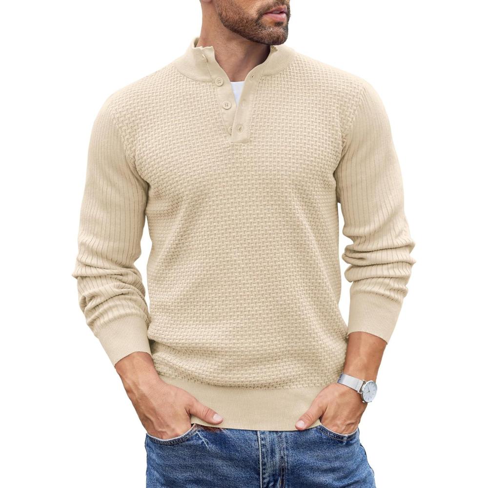 imageCOOFANDY Mens Quarter Button Sweater Lightweight Mock Neck Pullover Sweater Fashion Casual Knitted Waffle Henley SweaterBeige