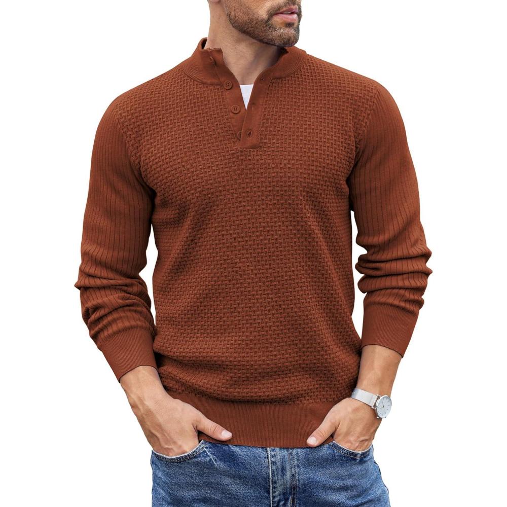 imageCOOFANDY Mens Quarter Button Sweater Lightweight Mock Neck Pullover Sweater Fashion Casual Knitted Waffle Henley SweaterCaramel