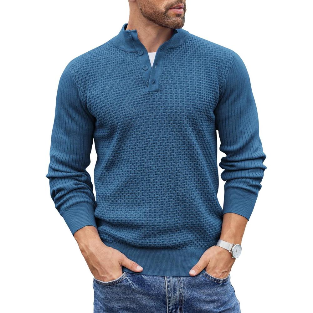 imageCOOFANDY Mens Quarter Button Sweater Lightweight Mock Neck Pullover Sweater Fashion Casual Knitted Waffle Henley SweaterDark Blue