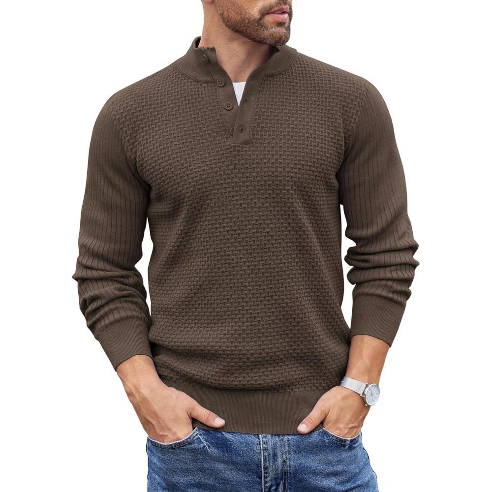 imageCOOFANDY Mens Quarter Button Sweater Lightweight Mock Neck Pullover Sweater Fashion Casual Knitted Waffle Henley SweaterDark Coffee