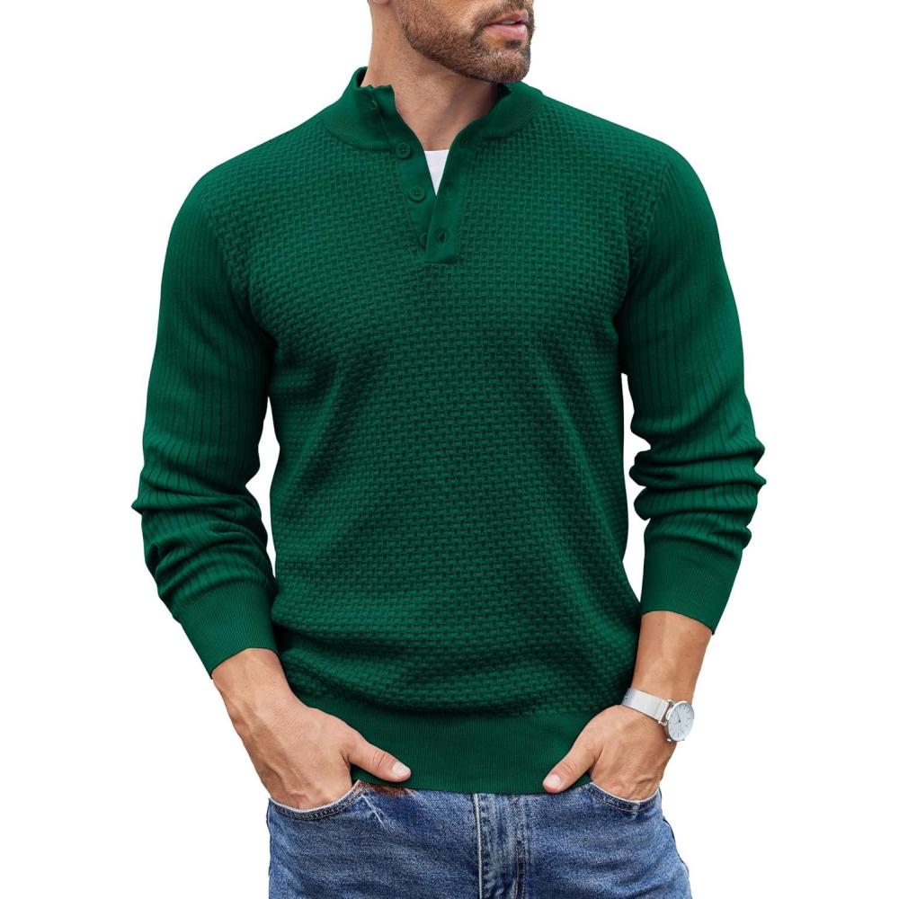 imageCOOFANDY Mens Quarter Button Sweater Lightweight Mock Neck Pullover Sweater Fashion Casual Knitted Waffle Henley SweaterDark Green