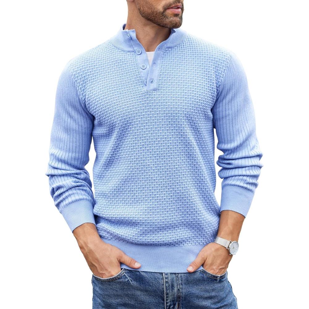 imageCOOFANDY Mens Quarter Button Sweater Lightweight Mock Neck Pullover Sweater Fashion Casual Knitted Waffle Henley SweaterLight Blue