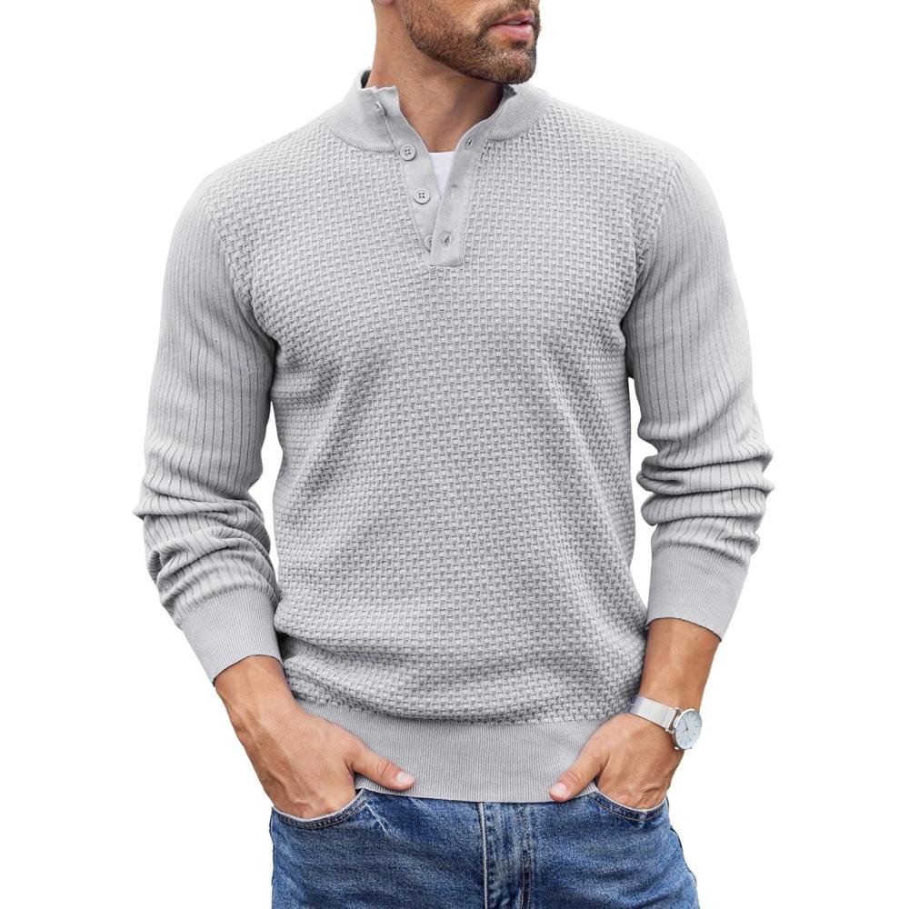 imageCOOFANDY Mens Quarter Button Sweater Lightweight Mock Neck Pullover Sweater Fashion Casual Knitted Waffle Henley SweaterLight Grey