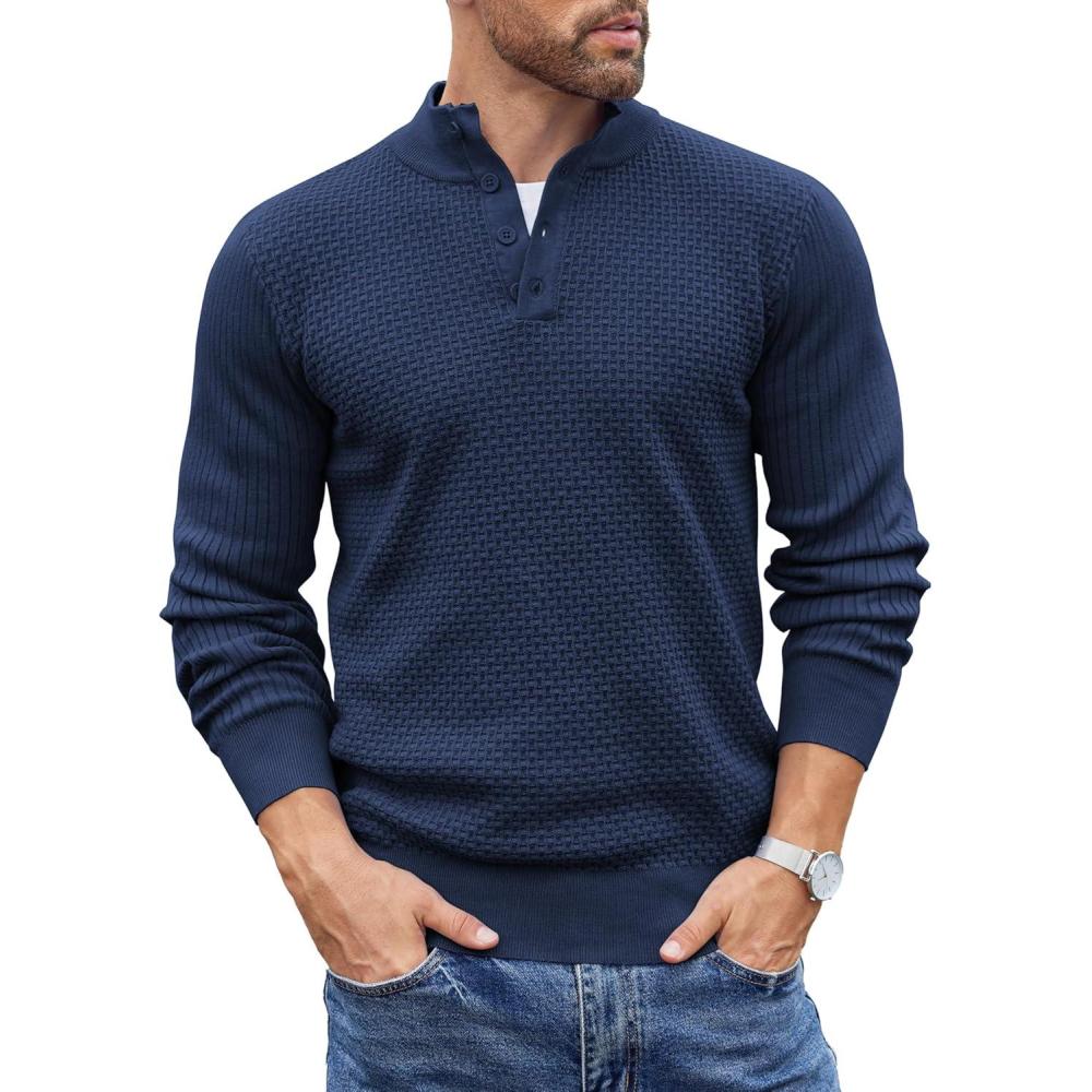 imageCOOFANDY Mens Quarter Button Sweater Lightweight Mock Neck Pullover Sweater Fashion Casual Knitted Waffle Henley SweaterNavy Blue