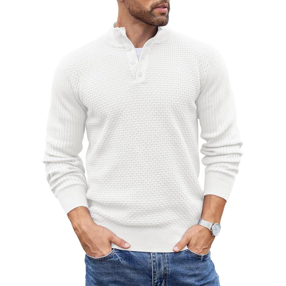 imageCOOFANDY Mens Quarter Button Sweater Lightweight Mock Neck Pullover Sweater Fashion Casual Knitted Waffle Henley SweaterWhite