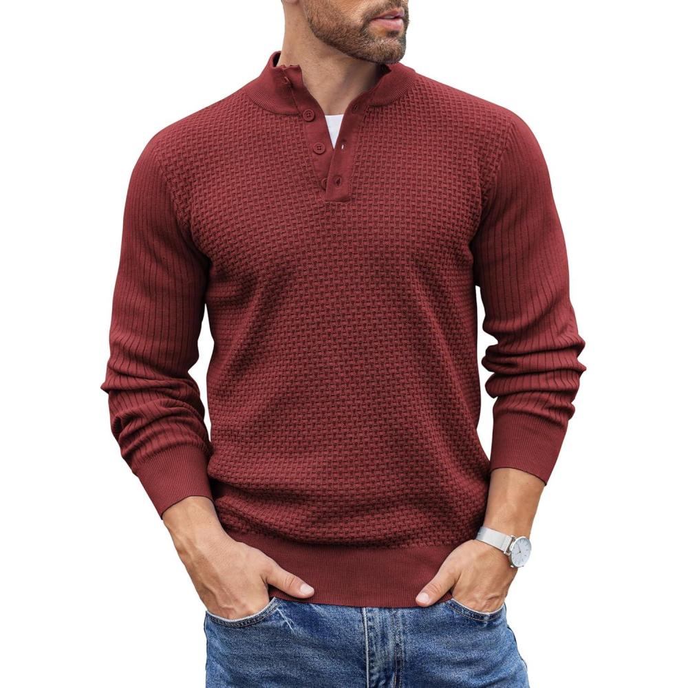 imageCOOFANDY Mens Quarter Button Sweater Lightweight Mock Neck Pullover Sweater Fashion Casual Knitted Waffle Henley SweaterWine Red