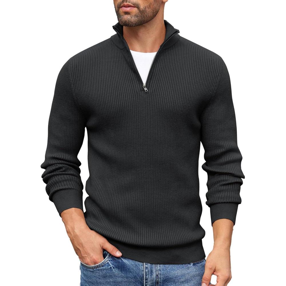 imageCOOFANDY Mens Quarter Zip Sweaters Slim Fit Mock Neck Pullover Sweaters Lightweight Knitted Polo SweaterBlack