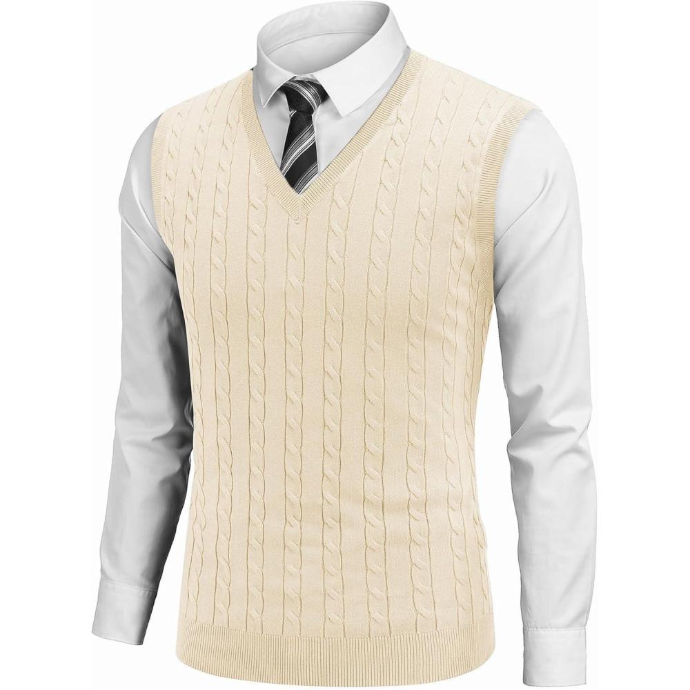 imageCOOFANDY Mens Sweater Vest Cable Knitted V Neck Slim Fit Sleeveless Pullover SweaterBeige