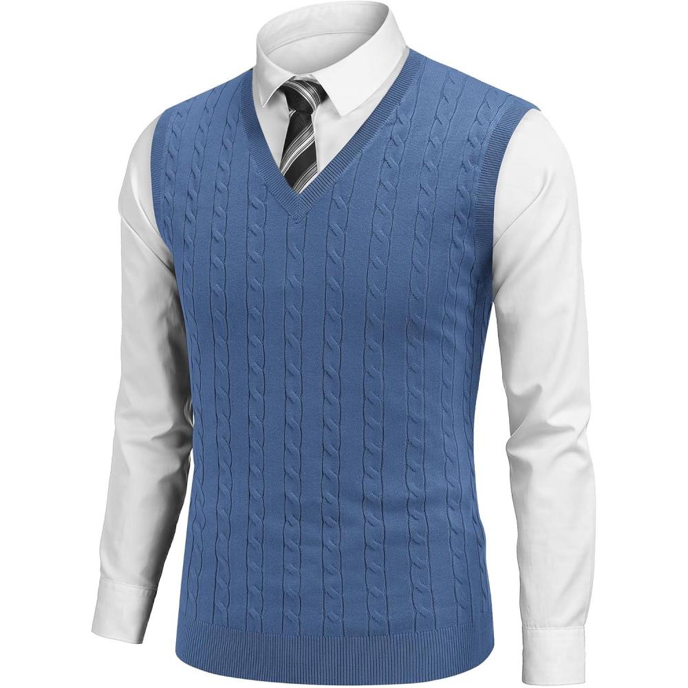 imageCOOFANDY Mens Sweater Vest Cable Knitted V Neck Slim Fit Sleeveless Pullover SweaterBlue