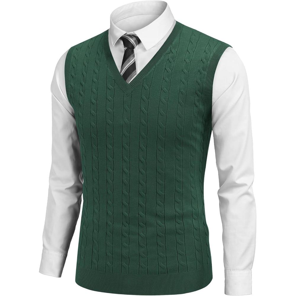 imageCOOFANDY Mens Sweater Vest Cable Knitted V Neck Slim Fit Sleeveless Pullover SweaterGreen