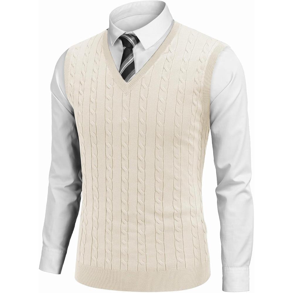 imageCOOFANDY Mens Sweater Vest Cable Knitted V Neck Slim Fit Sleeveless Pullover SweaterWhite