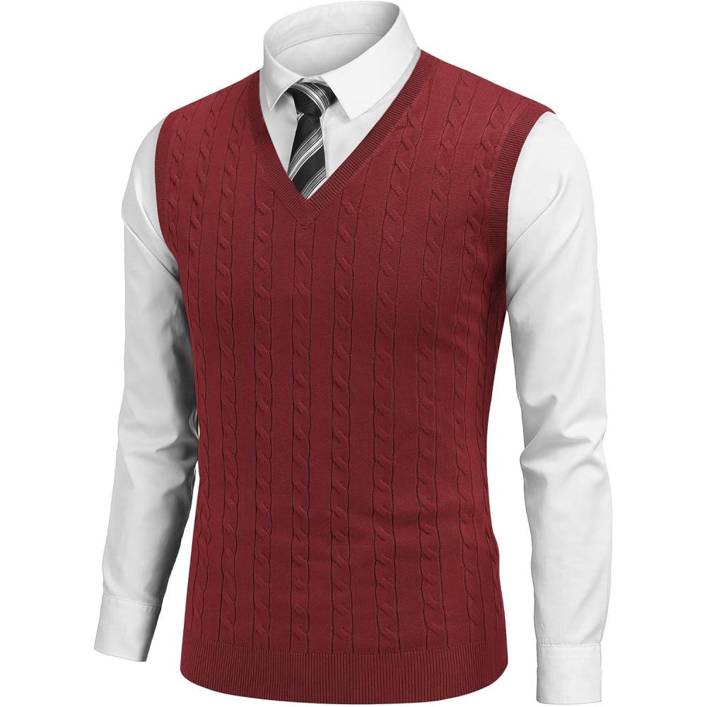 imageCOOFANDY Mens Sweater Vest Cable Knitted V Neck Slim Fit Sleeveless Pullover SweaterWine Red