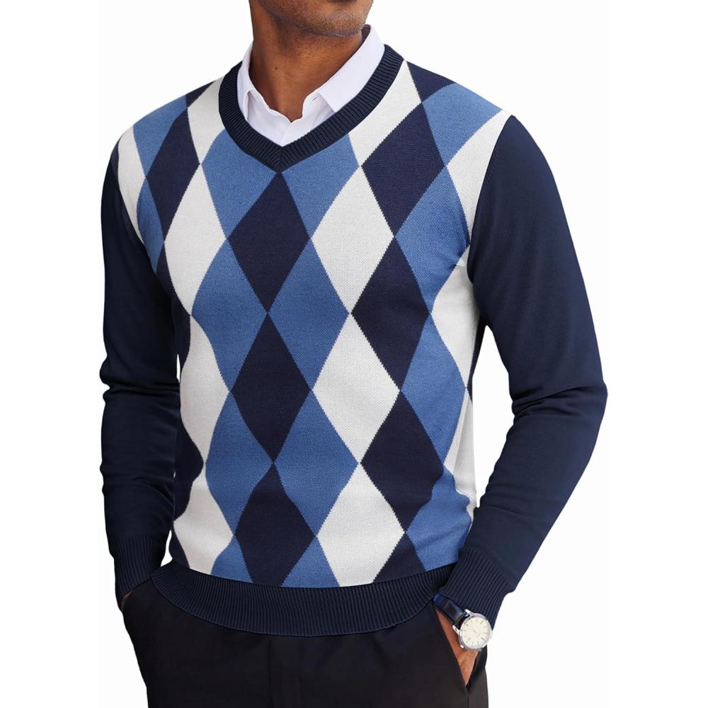 imageCOOFANDY Mens V Neck Sweater Lightweight Knitted Pullover SweatersBluediamond Pattern