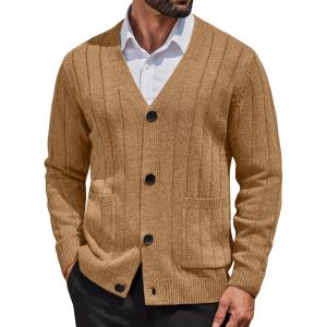imageCOOFANDY Mens Cardigan Sweater Cable Knit V Neck Button up Sweaters Ribbed Cardigan Sweater with PocketsCaramel