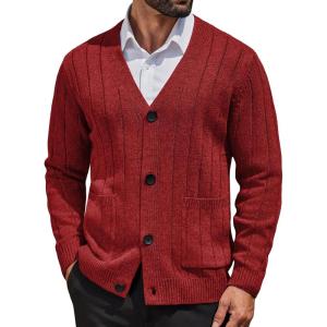 imageCOOFANDY Mens Cardigan Sweater Cable Knit V Neck Button up Sweaters Ribbed Cardigan Sweater with PocketsRed