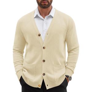imageCOOFANDY Mens Cardigan Sweater Long Sleeve Casual V Neck Button Down Knitted Sweater with PocketsCream