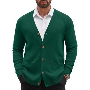 imageCOOFANDY Mens Cardigan Sweater Long Sleeve Casual V Neck Button Down Knitted Sweater with PocketsDark Green