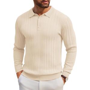 imageCOOFANDY Mens Knit Polo Shirts Long Sleeve Casual Button Down Ribbed Polo Shirt Fashion Golf ShirtsBeige