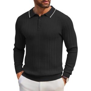 imageCOOFANDY Mens Knit Polo Shirts Long Sleeve Casual Button Down Ribbed Polo Shirt Fashion Golf ShirtsBlack  White Edge