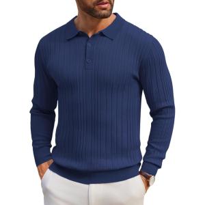 imageCOOFANDY Mens Knit Polo Shirts Long Sleeve Casual Button Down Ribbed Polo Shirt Fashion Golf ShirtsDeep Blue