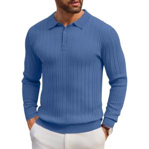 imageCOOFANDY Mens Knit Polo Shirts Long Sleeve Casual Button Down Ribbed Polo Shirt Fashion Golf ShirtsDenim Blue