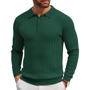 imageCOOFANDY Mens Knit Polo Shirts Long Sleeve Casual Button Down Ribbed Polo Shirt Fashion Golf ShirtsGreen