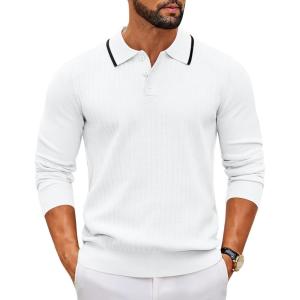 imageCOOFANDY Mens Knit Polo Sweater Casual Long Sleeve Polo Sweater Lightweight Button Down Golf Pullover SweatersWhite