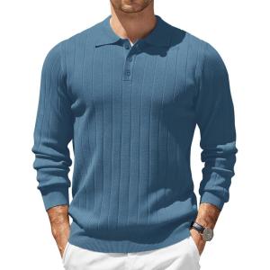imageCOOFANDY Mens Knit Polo Sweater Long Sleeve Polos Lightweight Casual Dress Pullover SweatersBlue