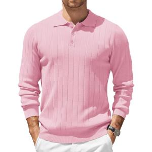 imageCOOFANDY Mens Knit Polo Sweater Long Sleeve Polos Lightweight Casual Dress Pullover SweatersPink