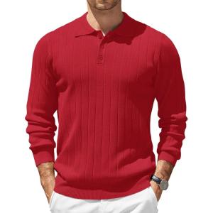 imageCOOFANDY Mens Knit Polo Sweater Long Sleeve Polos Lightweight Casual Dress Pullover SweatersRed
