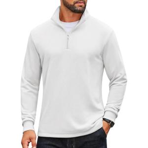 imageCOOFANDY Mens Quarter Zip Pullover Sweatshirt Mock Neck Quilted Sweatshirt Lightweight Casual Long Sleeve Polo ShirtWhite