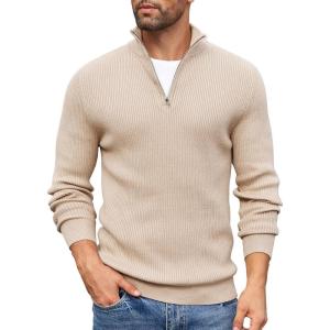 imageCOOFANDY Mens Quarter Zip Sweaters Slim Fit Mock Neck Pullover Sweaters Lightweight Knitted Polo SweaterBeige