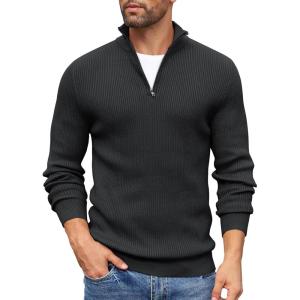 imageCOOFANDY Mens Quarter Zip Sweaters Slim Fit Mock Neck Pullover Sweaters Lightweight Knitted Polo SweaterBlack