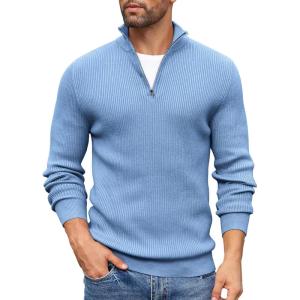 imageCOOFANDY Mens Quarter Zip Sweaters Slim Fit Mock Neck Pullover Sweaters Lightweight Knitted Polo SweaterBlue