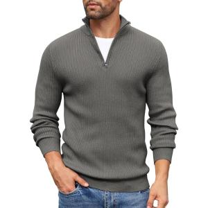 imageCOOFANDY Mens Quarter Zip Sweaters Slim Fit Mock Neck Pullover Sweaters Lightweight Knitted Polo SweaterDark Grey